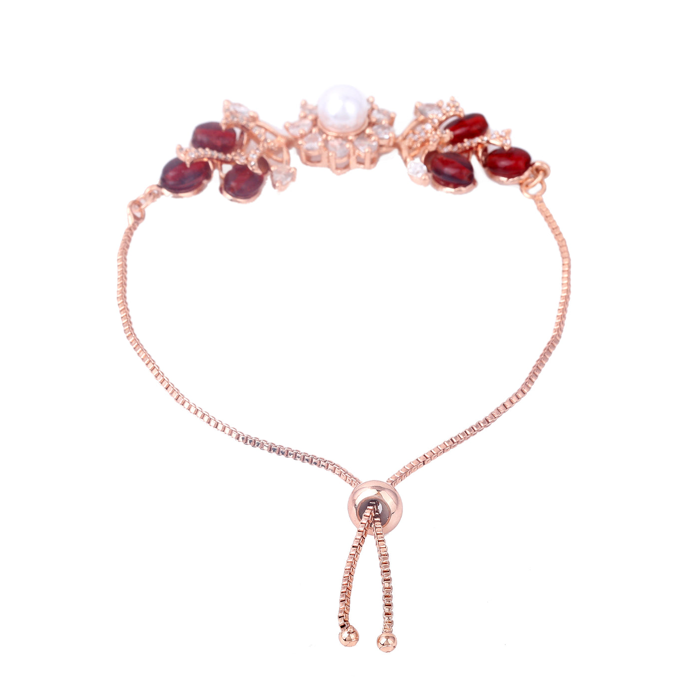 Estele Rosegold Plated Nature-Inspired Leafy Bloom Charm Bracelet with Ruby Beads for Women|A Stylish Accessory for Modern Women