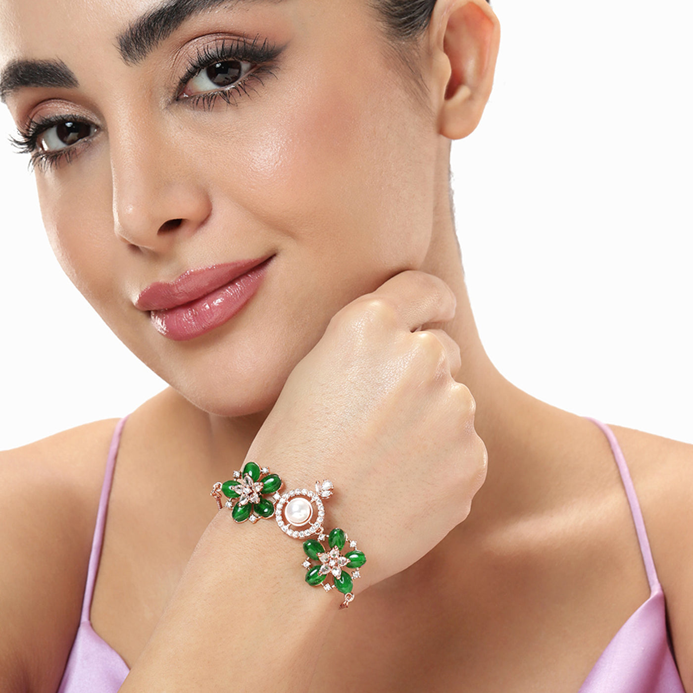 Estele Rosegold Plated Nature Inspired Floral Pattern Charm Bracelet with Stunning Green Beads & Pearl for Women