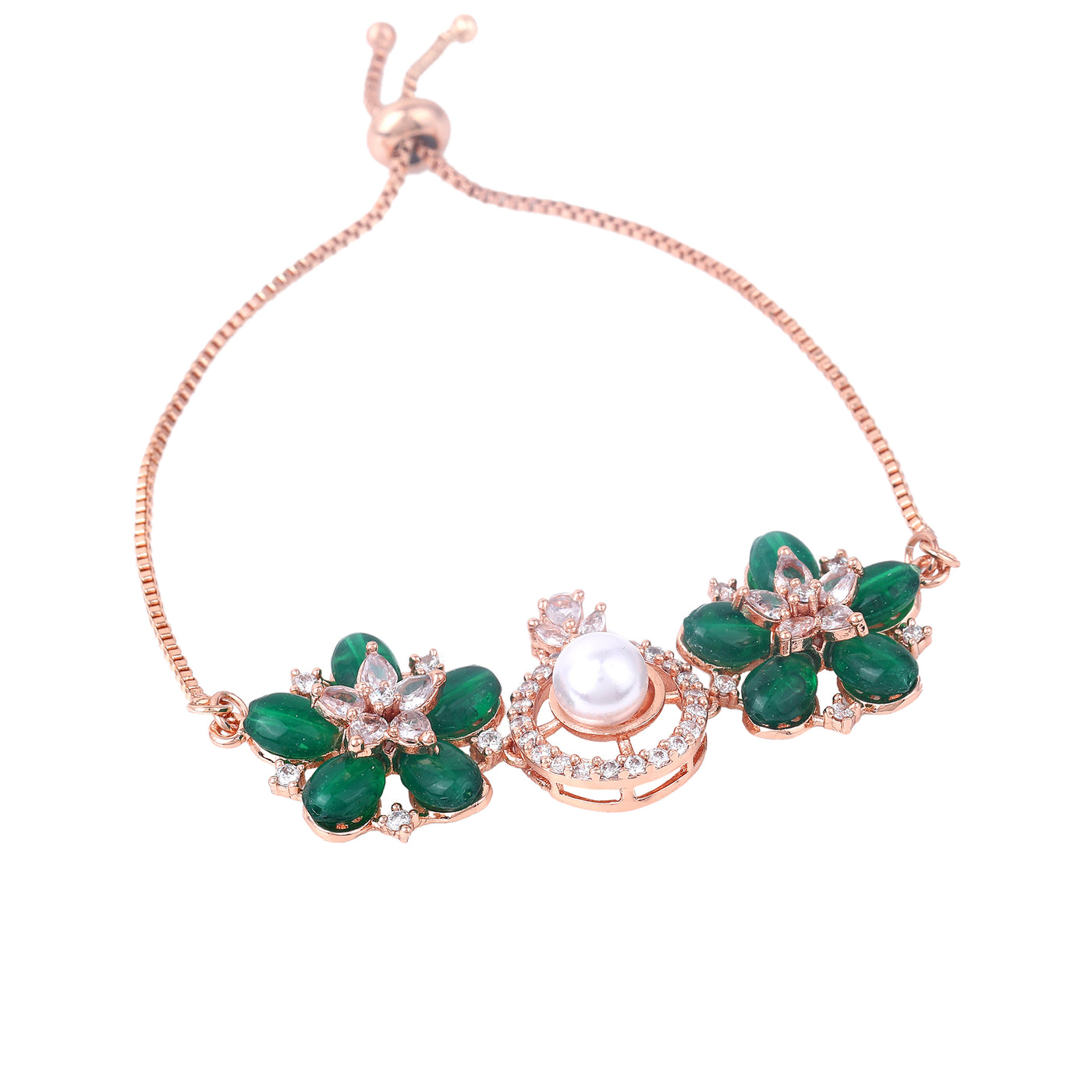 Estele Rosegold Plated Nature Inspired Floral Pattern Charm Bracelet with Stunning Green Beads & Pearl for Women