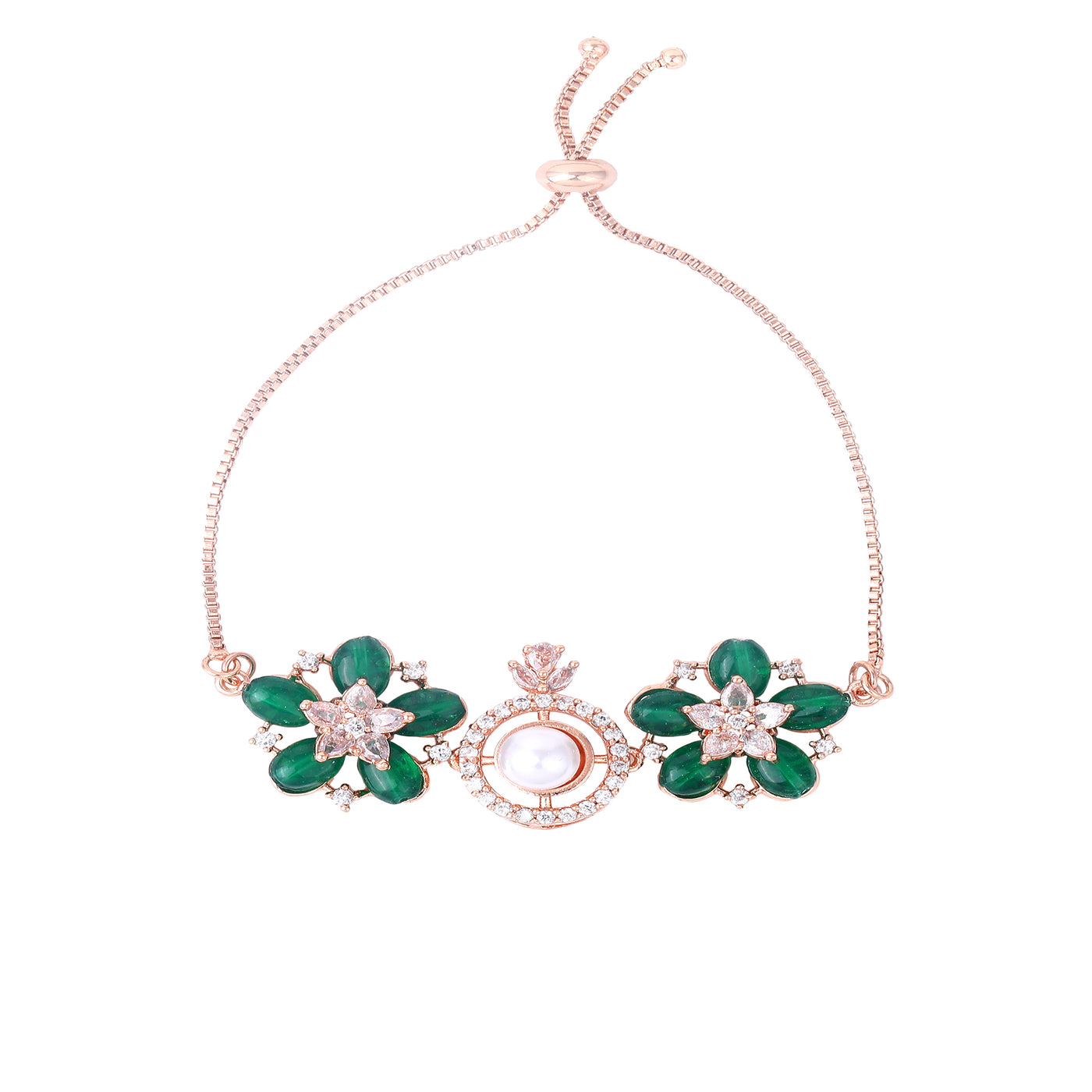 Estele Rosegold Plated Nature Inspired Floral Pattern Charm Bracelet with Stunning Green Beads & Pearl for Women