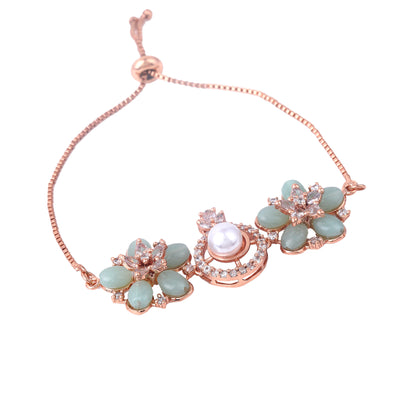 Estele Rosegold Plated Stylish Floral Design Lightweight Adjustable Charm Bracelet with Mint Green Beads for Women