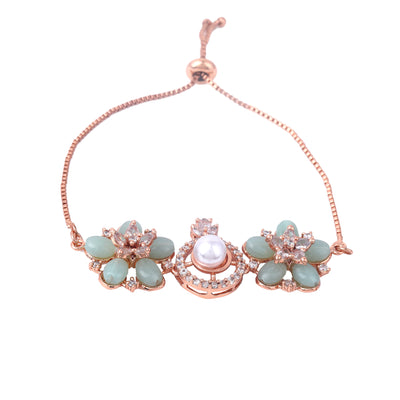 Estele Rosegold Plated Stylish Floral Design Lightweight Adjustable Charm Bracelet with Mint Green Beads for Women