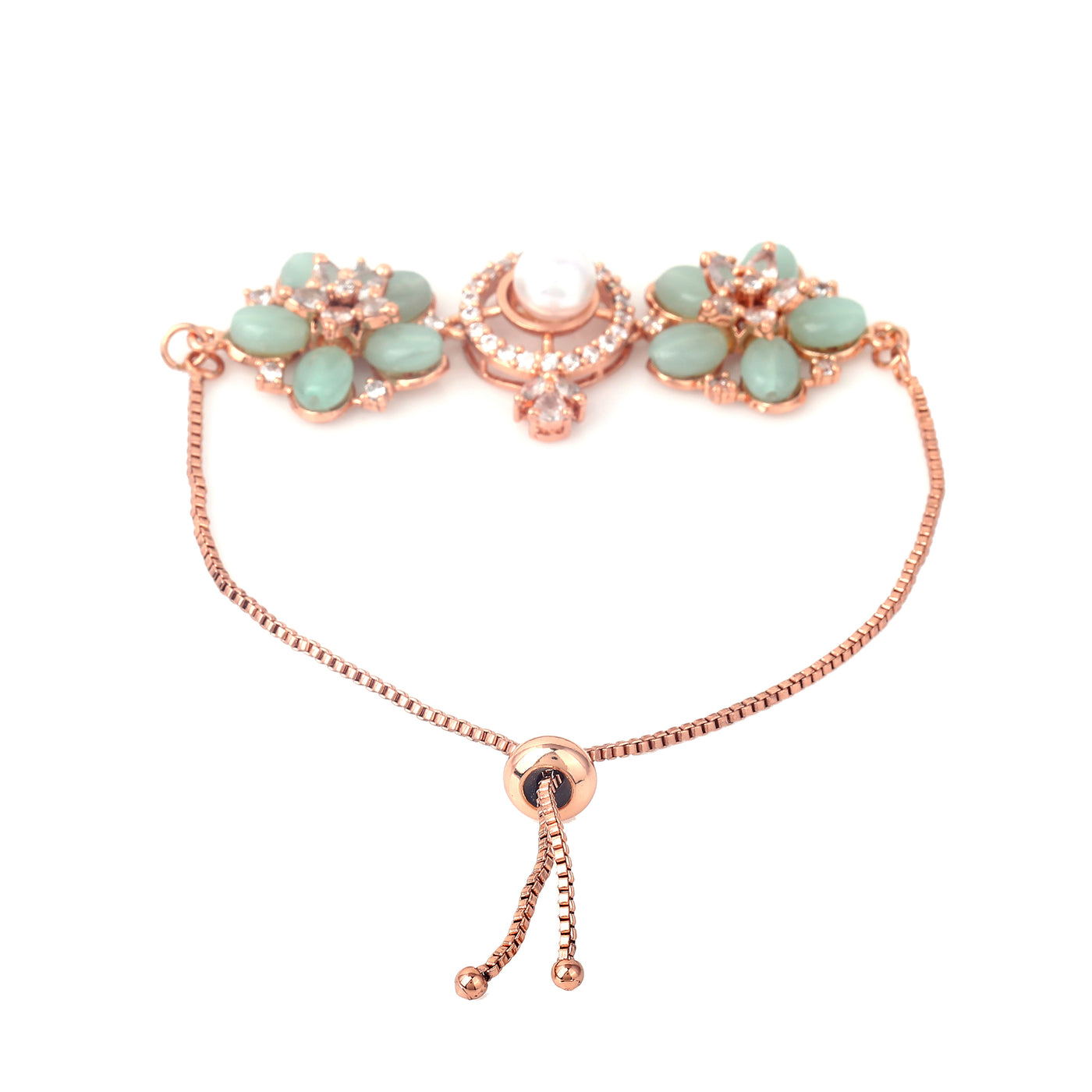 Estele Rosegold Plated Stylish Floral Design Lightweight Adjustable Charm Bracelet with Mint Green Beads for Women