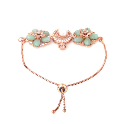 Estele Rosegold Plated Stylish Floral Design Lightweight Adjustable Charm Bracelet with Mint Green Beads for Women