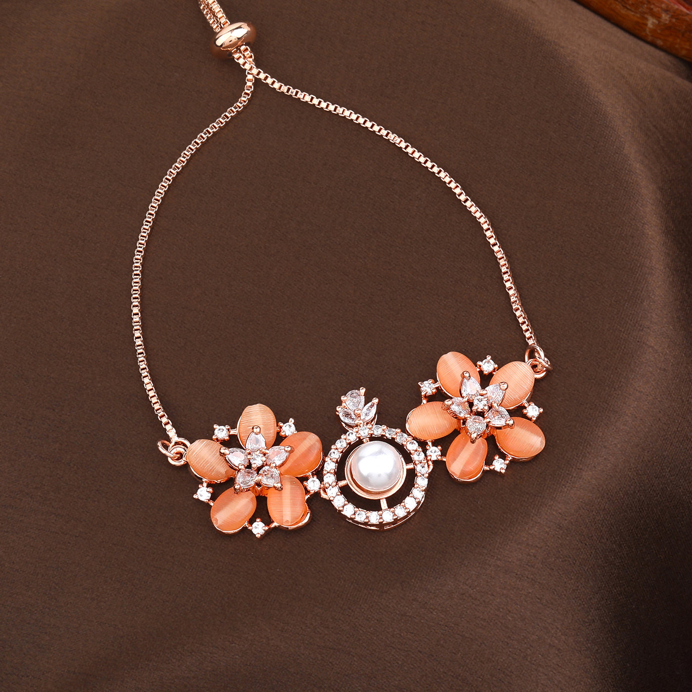 Estele Rosegold Plated Elegant Flower Designer Minimalistic Adjustable Charm Bracelet with Mint Orange Beads for Women