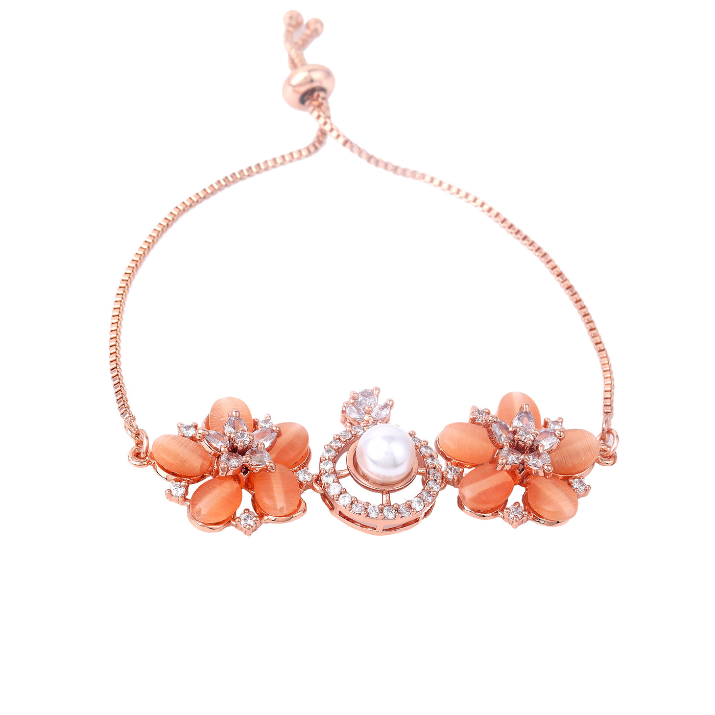 Estele Rosegold Plated Elegant Flower Designer Minimalistic Adjustable Charm Bracelet with Mint Orange Beads for Women