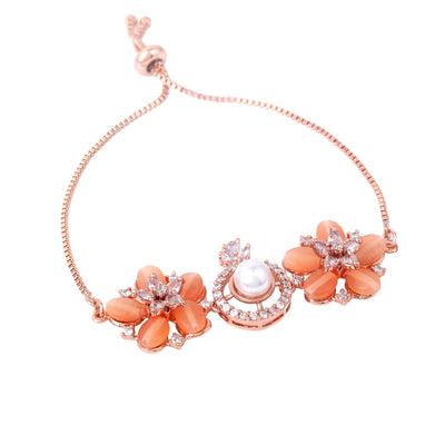 Estele Rosegold Plated Elegant Flower Designer Minimalistic Adjustable Charm Bracelet with Mint Orange Beads for Women