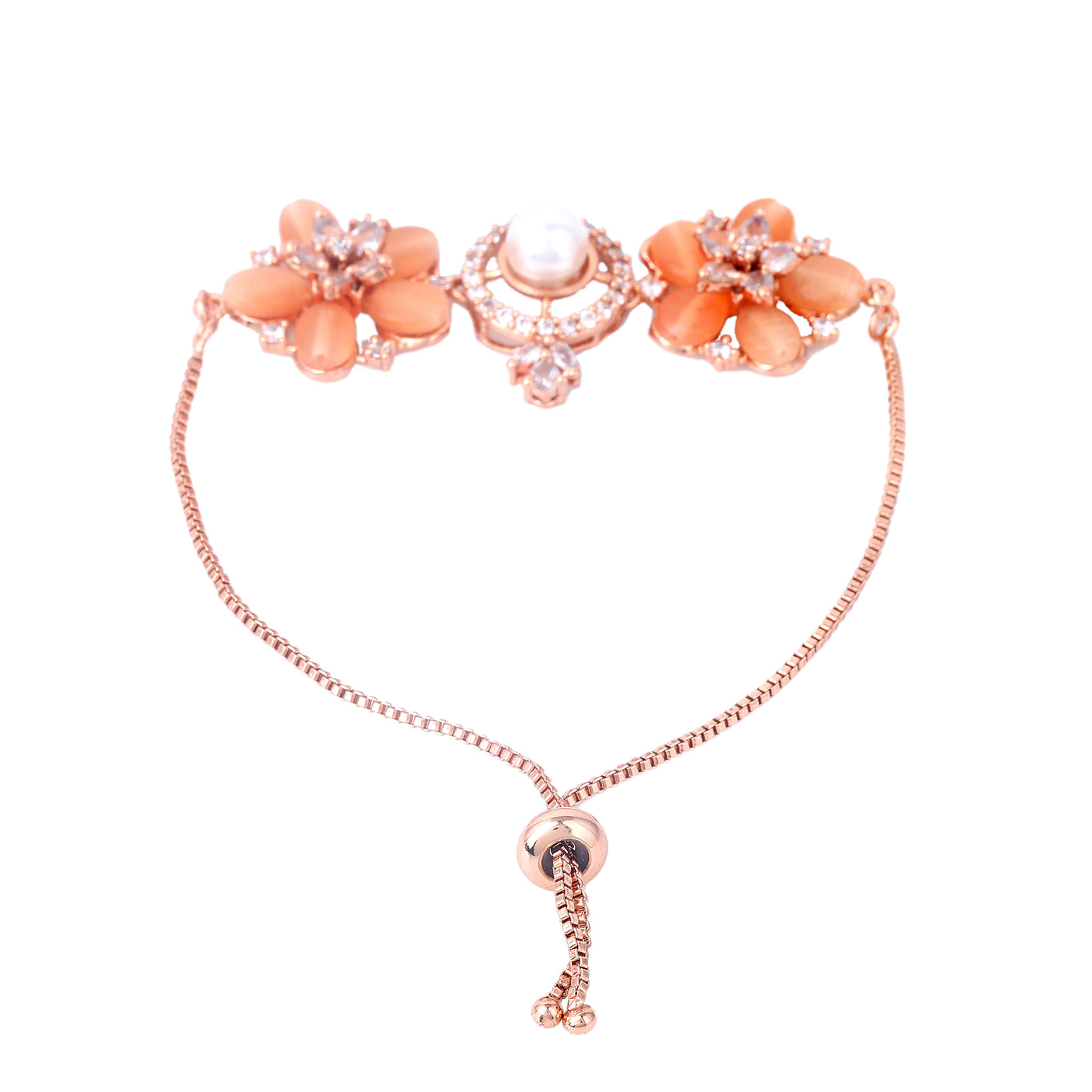 Estele Rosegold Plated Elegant Flower Designer Minimalistic Adjustable Charm Bracelet with Mint Orange Beads for Women