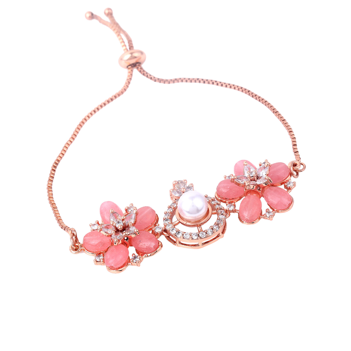 Estele Rosegold Plated Modern Minimlistic Floral Beaded Adjustable Charm Bracelet with Mint Pink Beads for Women