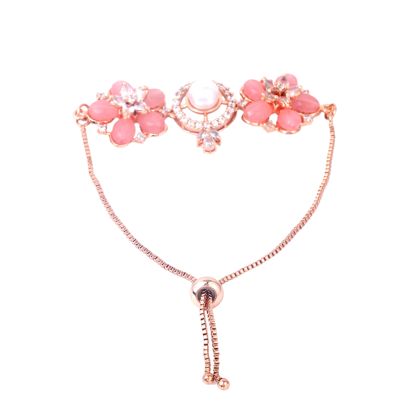 Estele Rosegold Plated Modern Minimlistic Floral Beaded Adjustable Charm Bracelet with Mint Pink Beads for Women