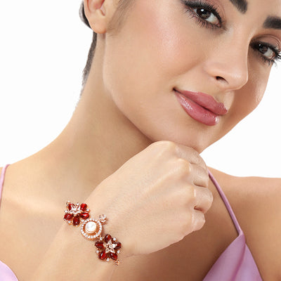 Estele Rosegold Plated Stunning Ruby Beads Enhanced Floral Designer Lightweight Adjustable Varya Bracelet for Women