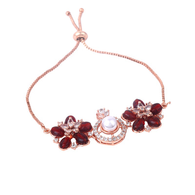 Estele Rosegold Plated Stunning Ruby Beads Enhanced Floral Designer Lightweight Adjustable Charm Bracelet for Women