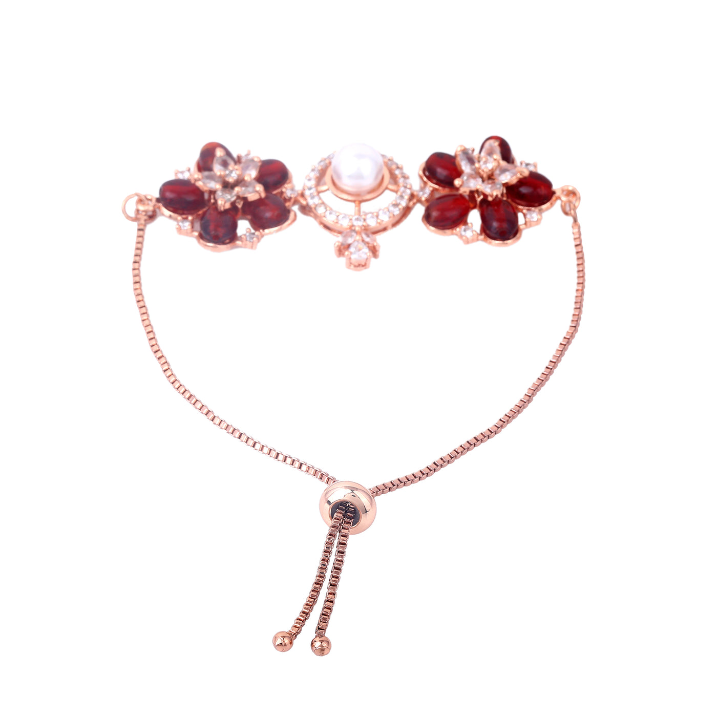 Estele Rosegold Plated Stunning Ruby Beads Enhanced Floral Designer Lightweight Adjustable Charm Bracelet for Women