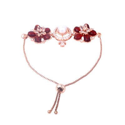 Estele Rosegold Plated Stunning Ruby Beads Enhanced Floral Designer Lightweight Adjustable Charm Bracelet for Women