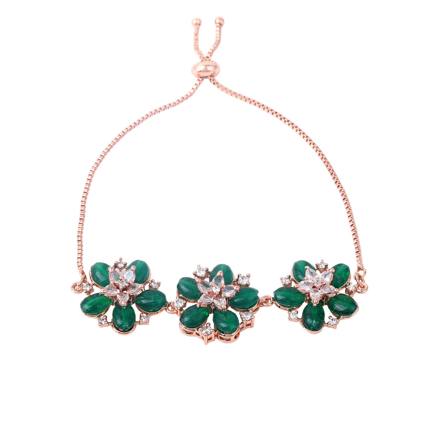 Estele Rosegold Plated Bloom-Enhanced Green Beaded Adjustable Charm Bracelet|A Sophisticated Piece for Everyday Wear