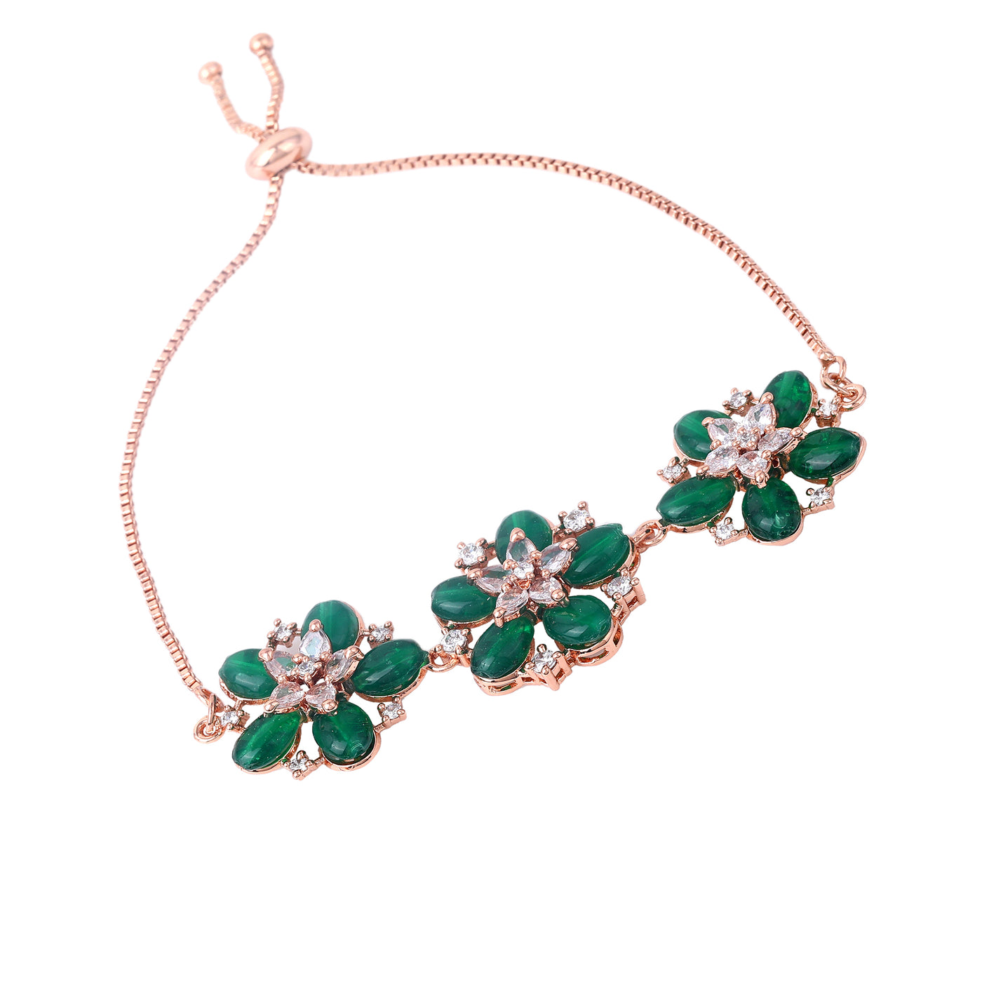 Estele Rosegold Plated Bloom-Enhanced Green Beaded Adjustable Charm Bracelet|A Sophisticated Piece for Everyday Wear