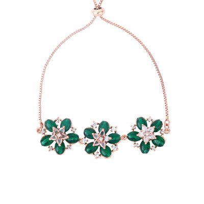 Estele Rosegold Plated Bloom-Enhanced Green Beaded Adjustable Charm Bracelet|A Sophisticated Piece for Everyday Wear