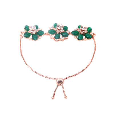 Estele Rosegold Plated Bloom-Enhanced Green Beaded Adjustable Charm Bracelet|A Sophisticated Piece for Everyday Wear