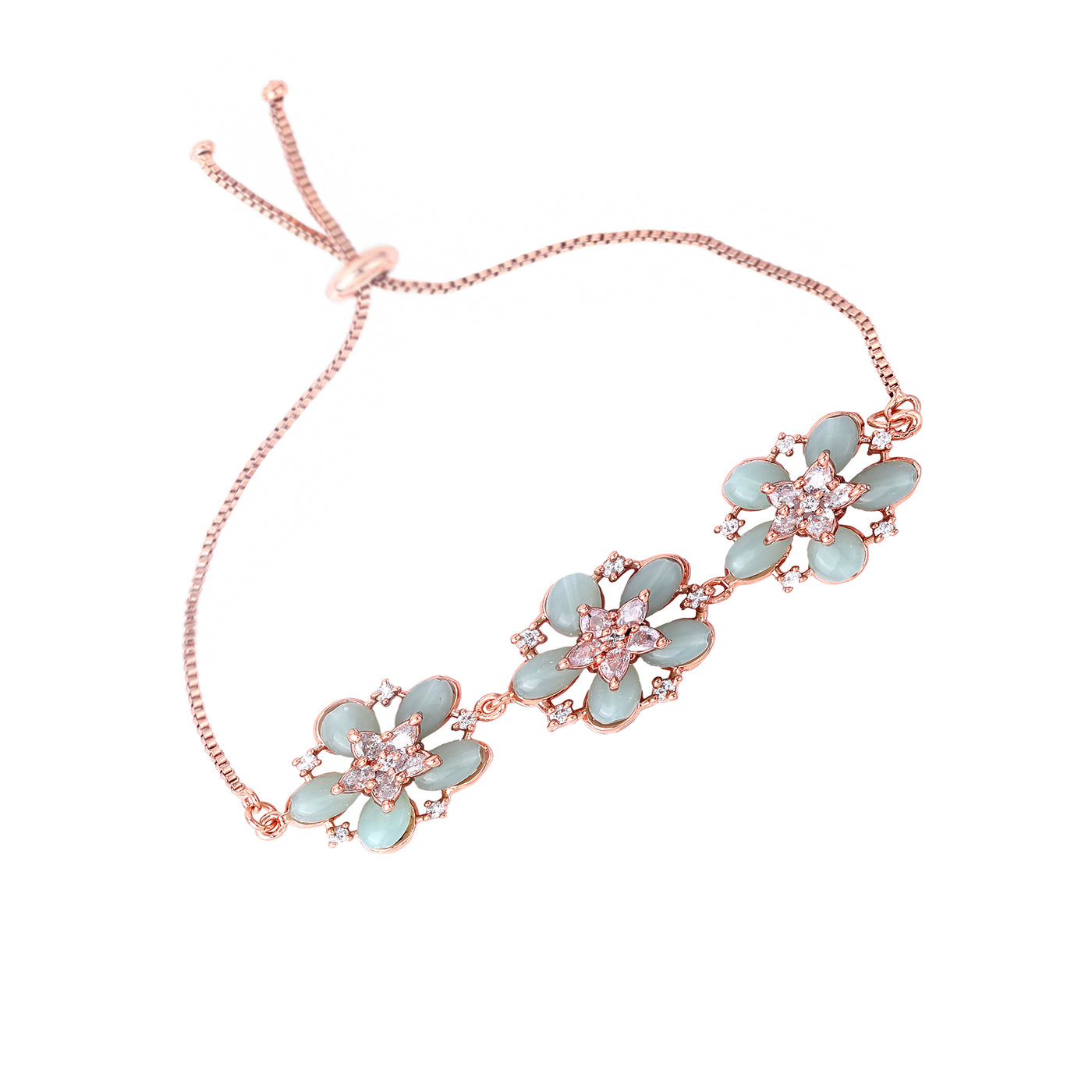 Estele Rosegold Plated Floral-Inspired Mint Green Beaded Adjustable Charm Bracelet|A Graceful Accessory for Modern Women