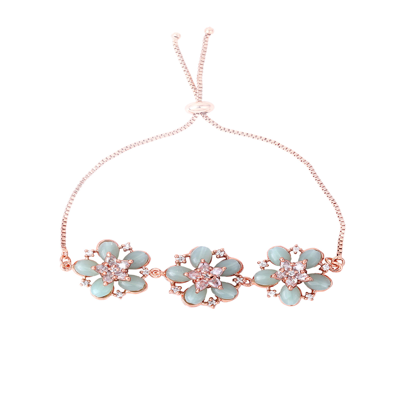 Estele Rosegold Plated Floral-Inspired Mint Green Beaded Adjustable Charm Bracelet|A Graceful Accessory for Modern Women