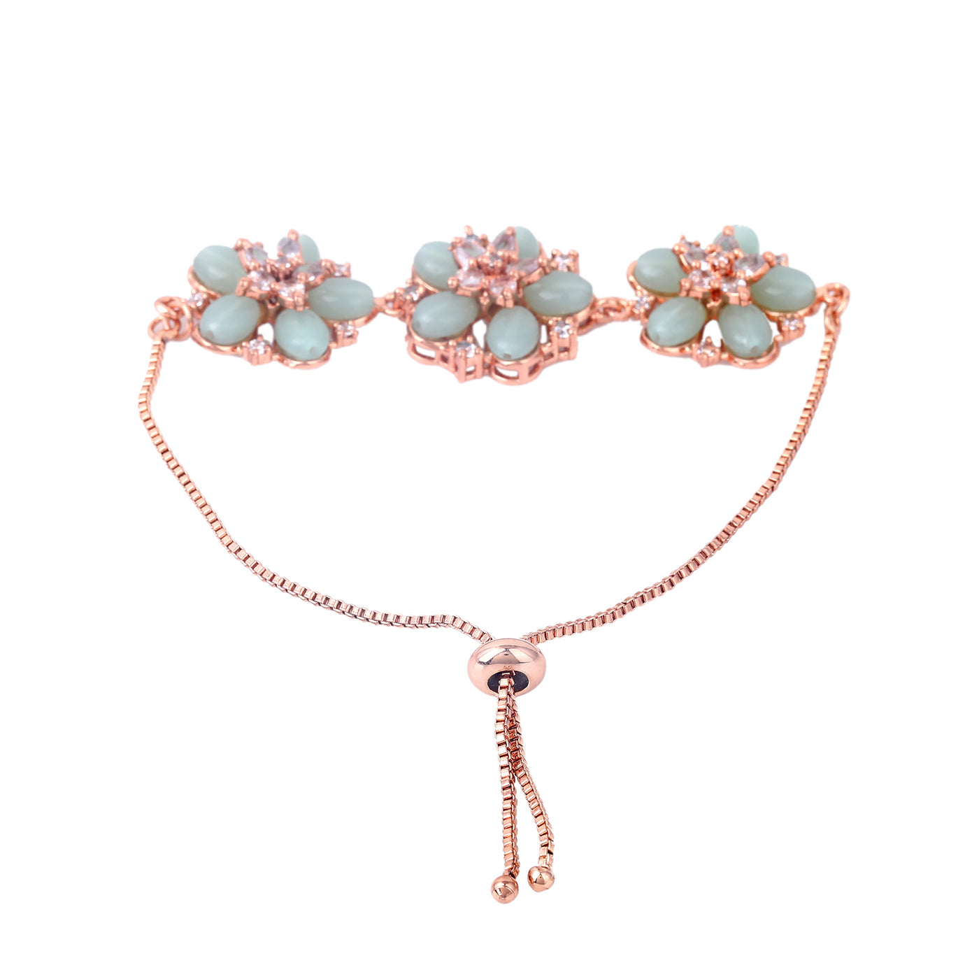 Estele Rosegold Plated Floral-Inspired Mint Green Beaded Adjustable Charm Bracelet|A Graceful Accessory for Modern Women