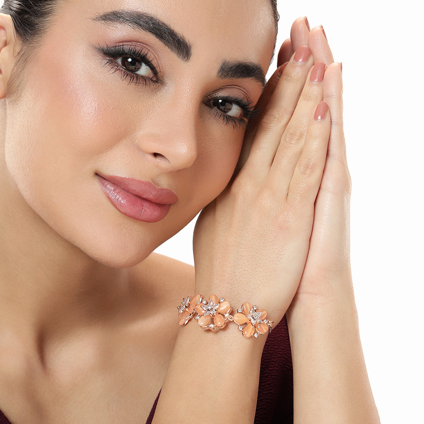 Estele Rosegold Plated Glorious Bloom Pattern Mint Orange Beaded Adjustable Charm Bracelet|Stylish and Elegant for Women