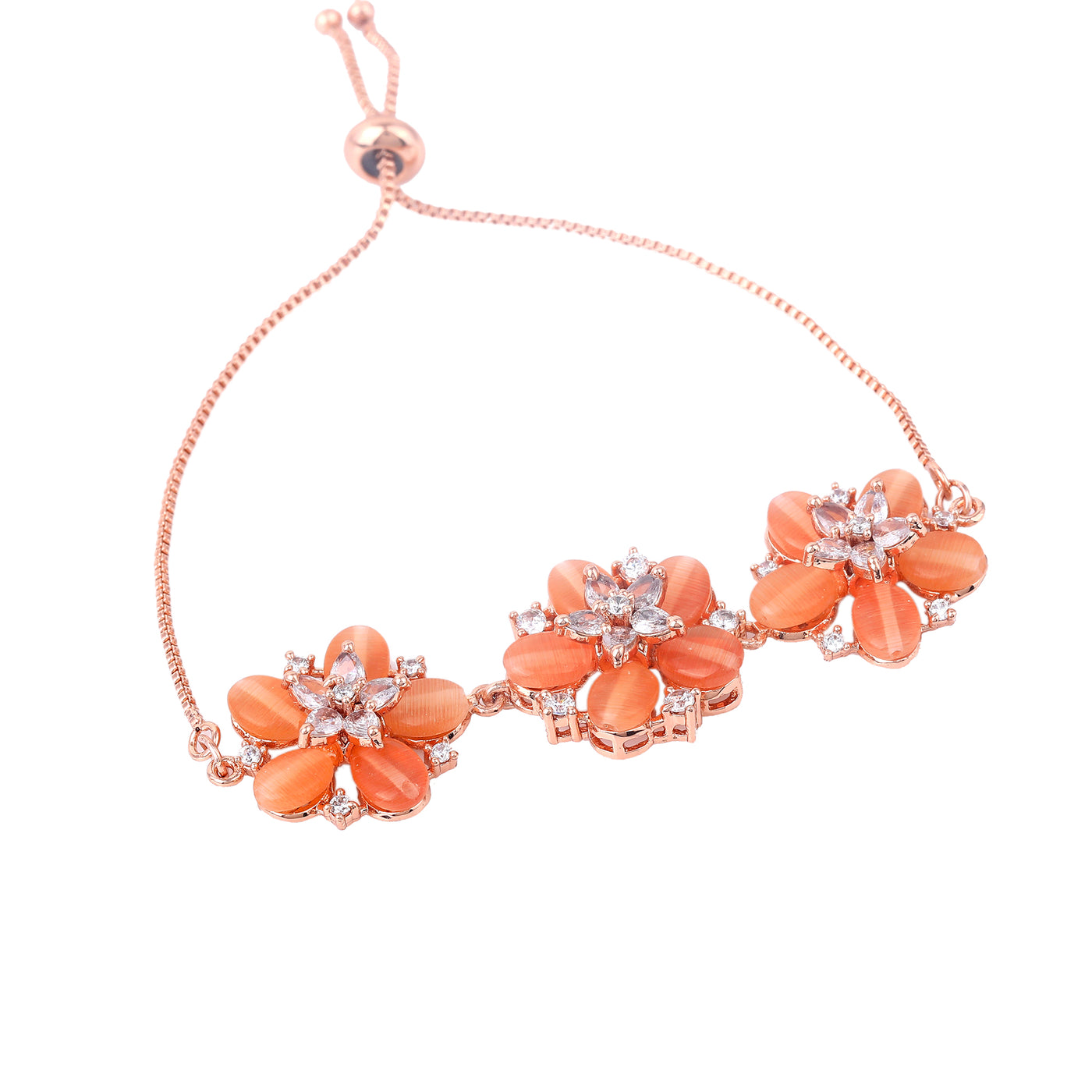 Estele Rosegold Plated Glorious Bloom Pattern Mint Orange Beaded Adjustable Charm Bracelet|Stylish and Elegant for Women