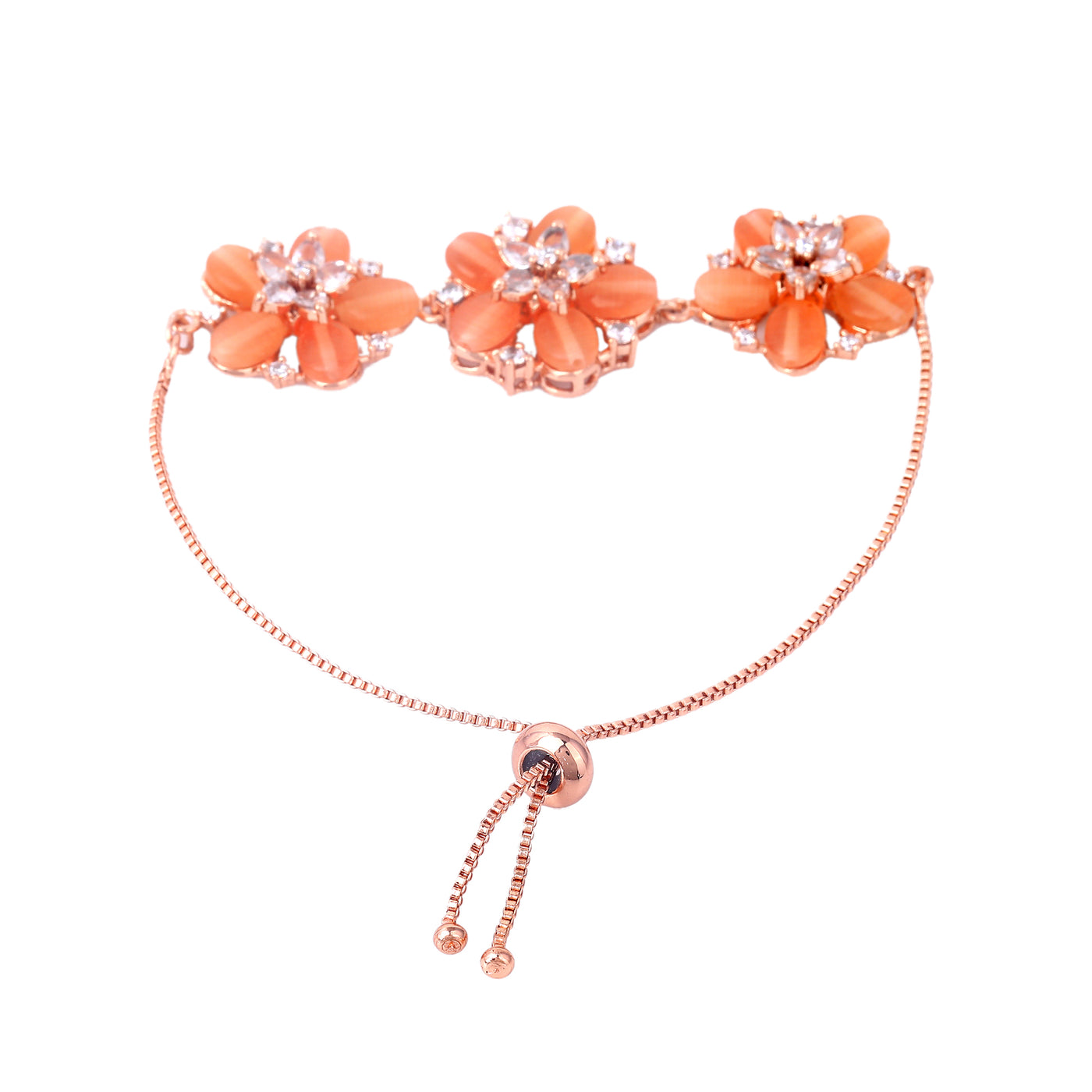 Estele Rosegold Plated Glorious Bloom Pattern Mint Orange Beaded Adjustable Charm Bracelet|Stylish and Elegant for Women