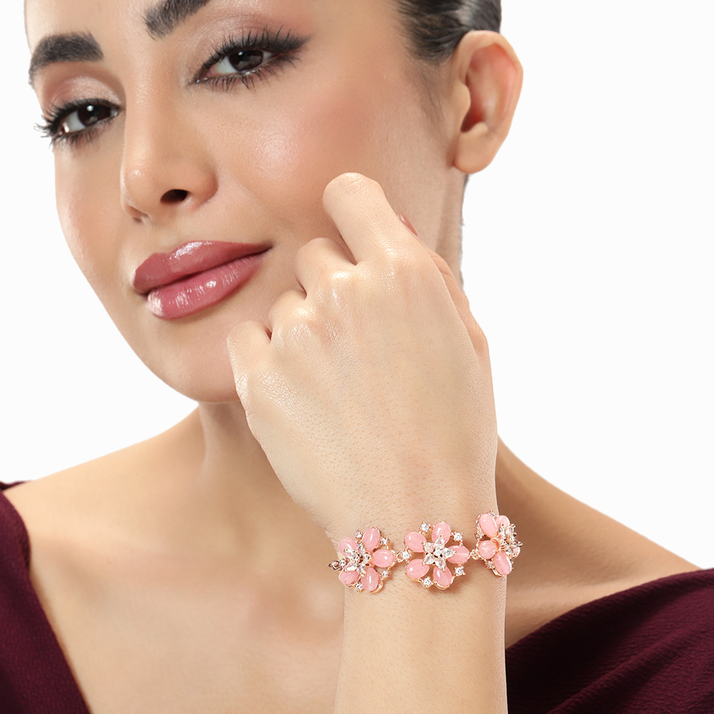 Estele Rosegold Plated Blossom Motifs Enhanced Lightweight Adjustable Varya Bracelet with Mint Pink Beads for Women