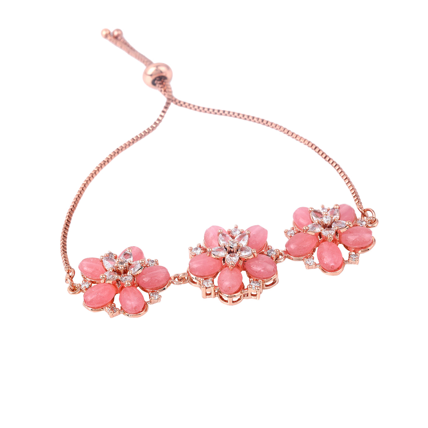 Estele Rosegold Plated Blossom Motifs Enhanced Lightweight Adjustable Charm Bracelet with Mint Pink Beads for Women