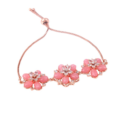 Estele Rosegold Plated Blossom Motifs Enhanced Lightweight Adjustable Charm Bracelet with Mint Pink Beads for Women