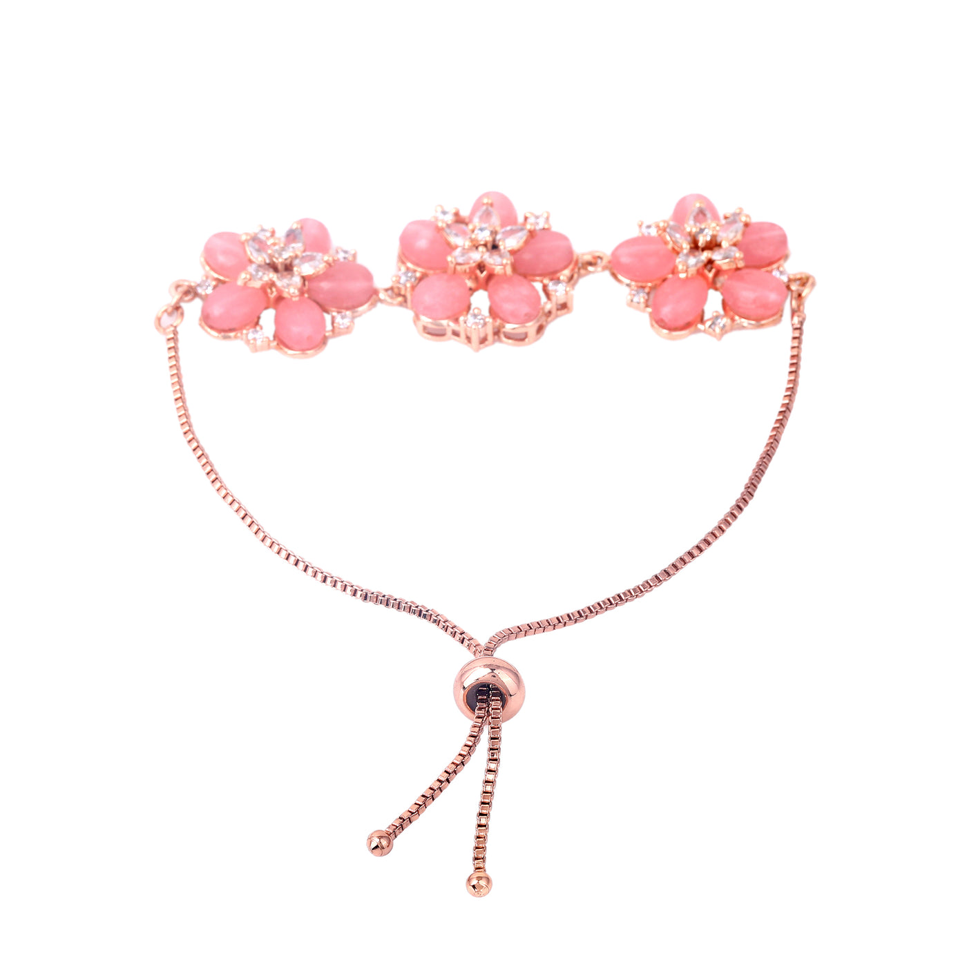 Estele Rosegold Plated Blossom Motifs Enhanced Lightweight Adjustable Charm Bracelet with Mint Pink Beads for Women