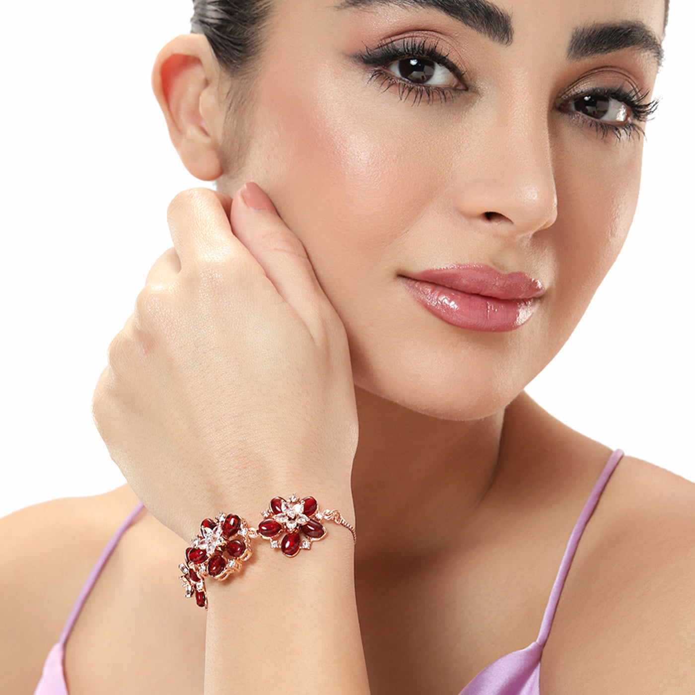 Estele Exclusive Floral Grace Luxurious Rosegold Plated Adjustable Bracelet & Finger Ring Combo with Elegant Ruby Beads A Statement of Timeless Beauty