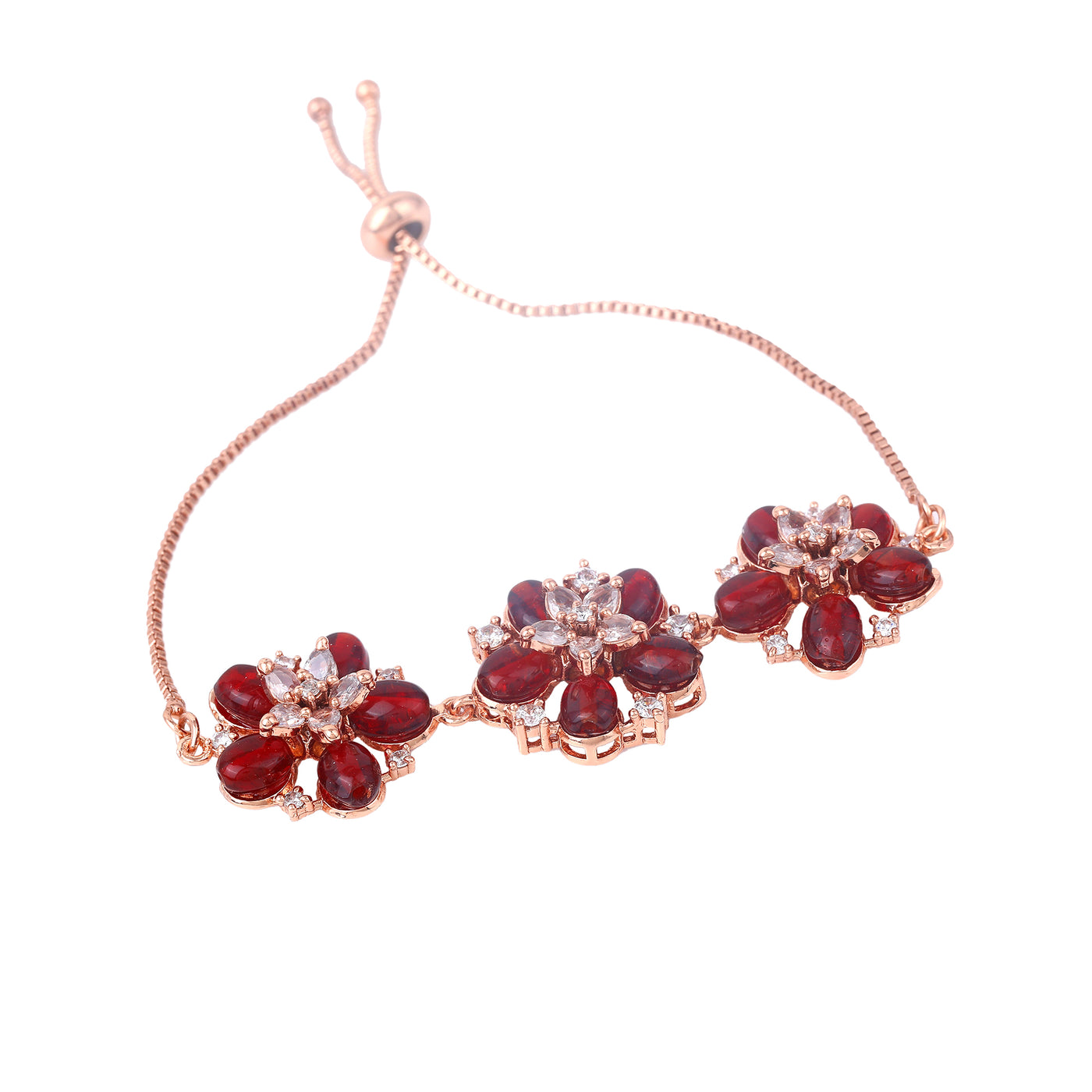 Estele Rosegold Plated Floral Inspired Adjustable Charm Bracelet with Ruby Beads for Women|Classic Beauty with a Modern Touch