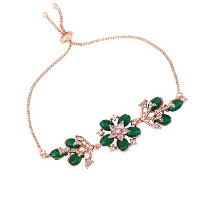 Estele Rosegold Plated Flower-Inspired Green Beaded Adjustable Charm Bracelet|An Elegant Wristwear for Fashionable Women