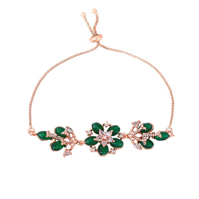 Estele Rosegold Plated Flower-Inspired Green Beaded Adjustable Charm Bracelet|An Elegant Wristwear for Fashionable Women