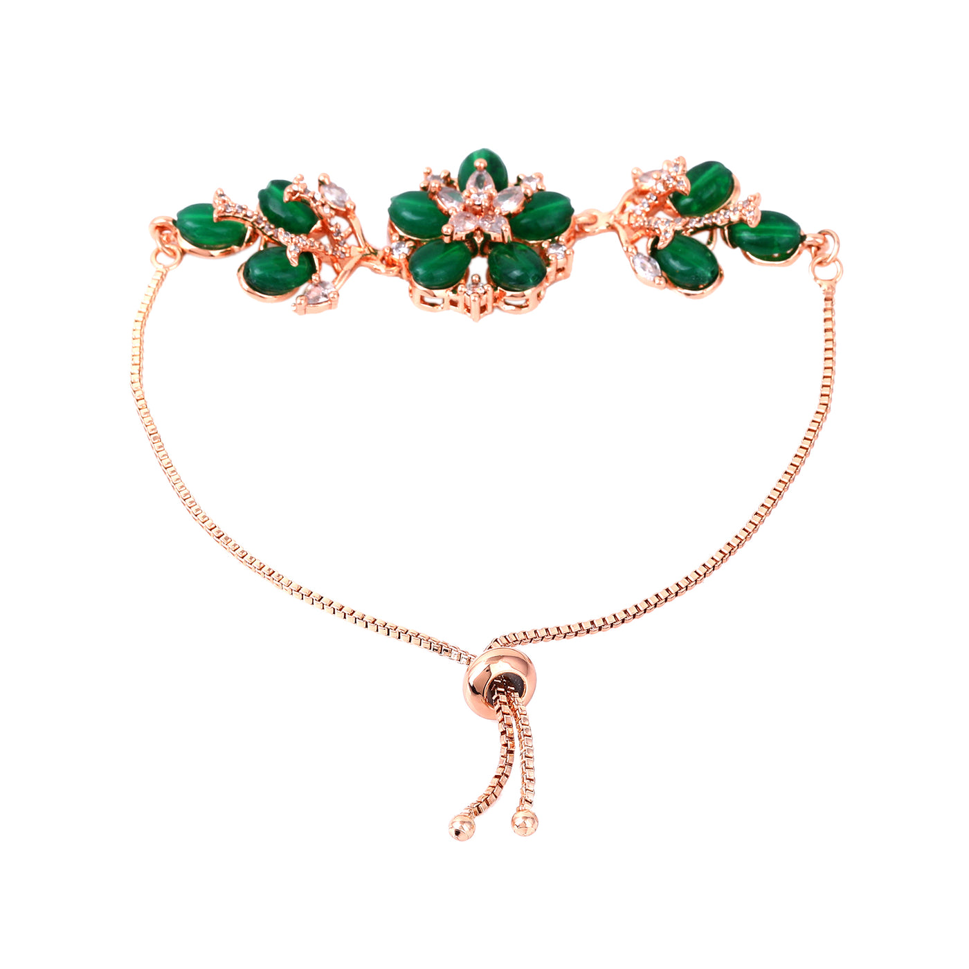 Estele Rosegold Plated Flower-Inspired Green Beaded Adjustable Charm Bracelet|An Elegant Wristwear for Fashionable Women