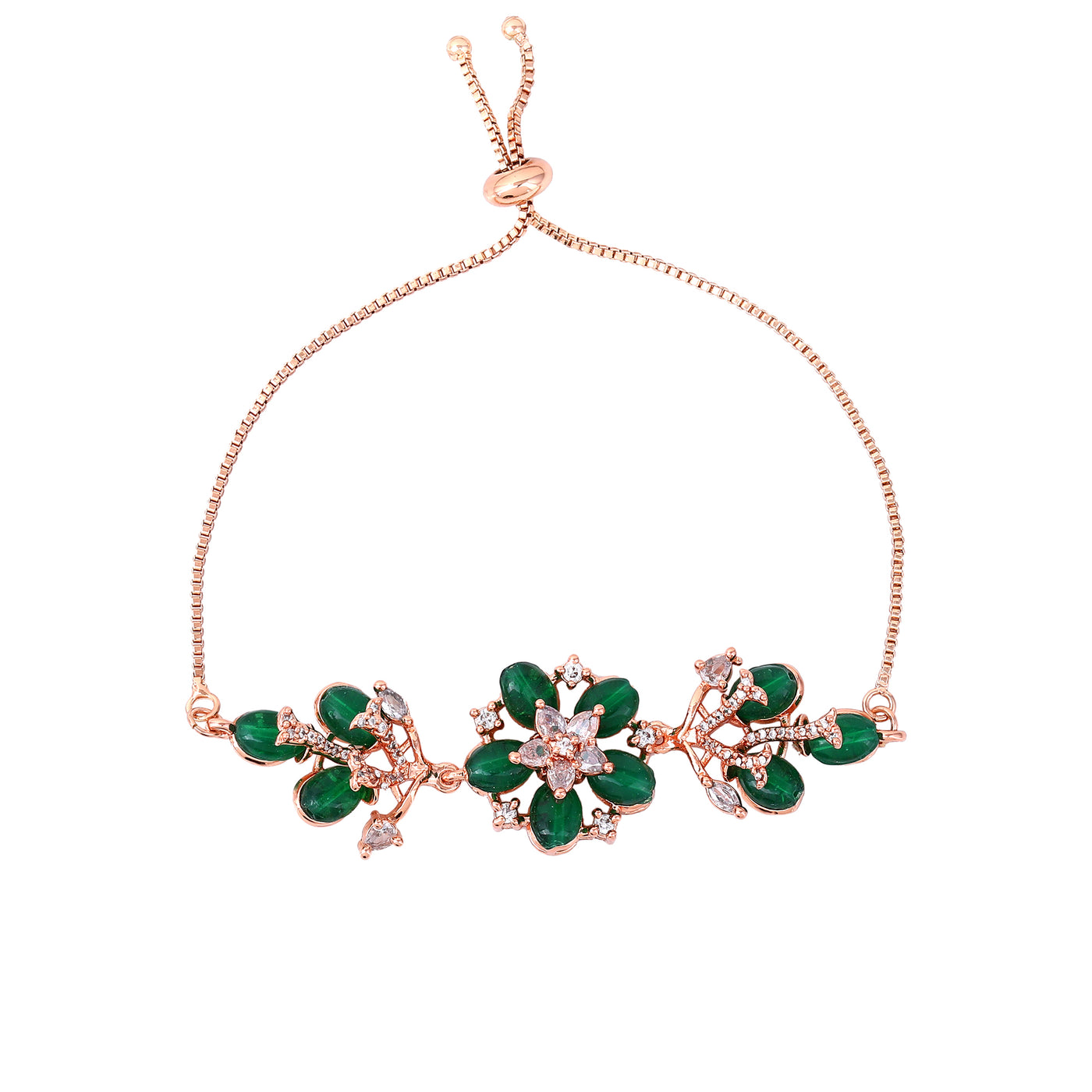 Estele Rosegold Plated Flower-Inspired Green Beaded Adjustable Charm Bracelet|An Elegant Wristwear for Fashionable Women