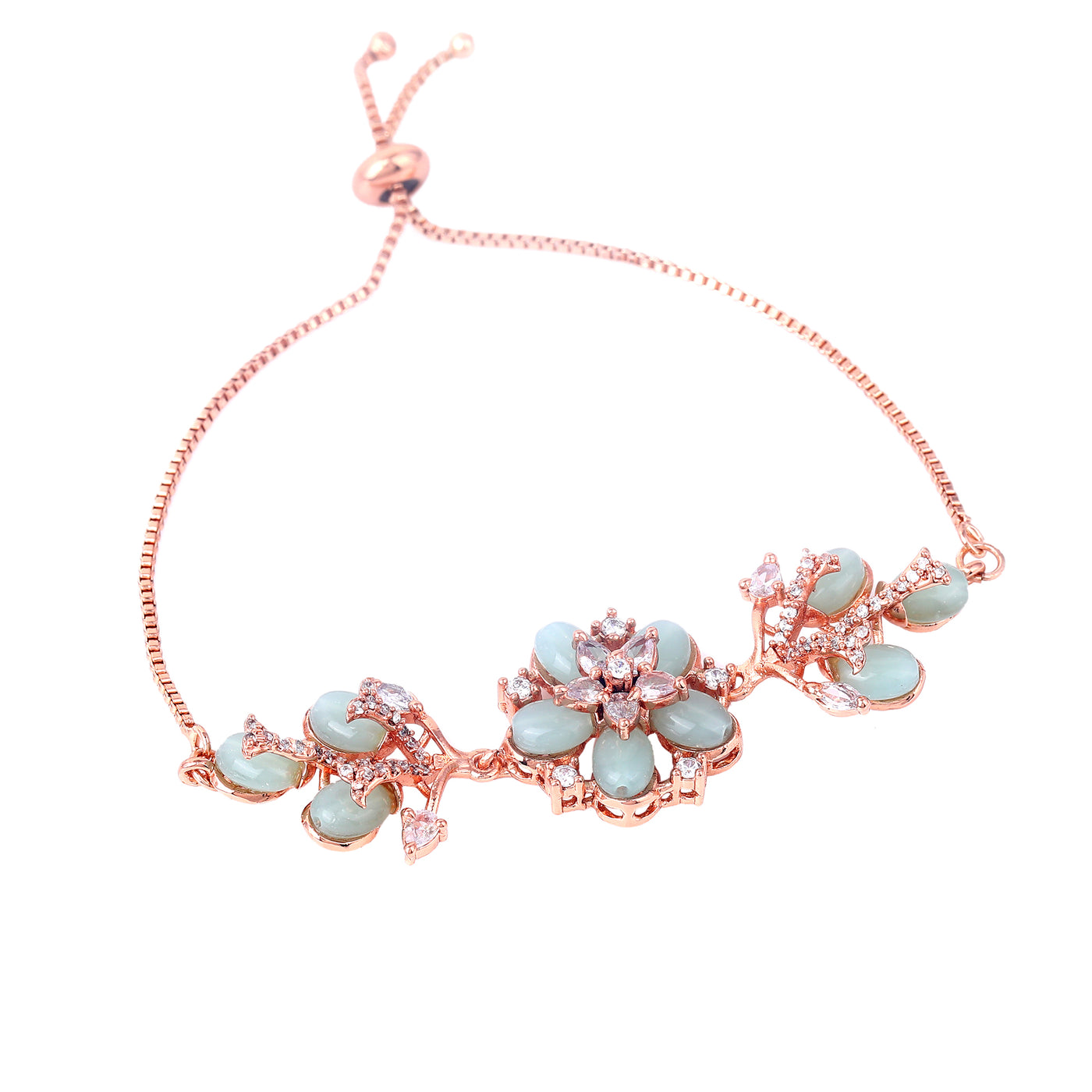 Estele Rosegold Plated Floral Designer Mint Green Beaded Flexible Charm Bracelet|A Classy Wrist Accessory for Modern Ladies