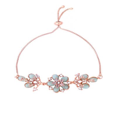 Estele Rosegold Plated Floral Designer Mint Green Beaded Flexible Charm Bracelet|A Classy Wrist Accessory for Modern Ladies