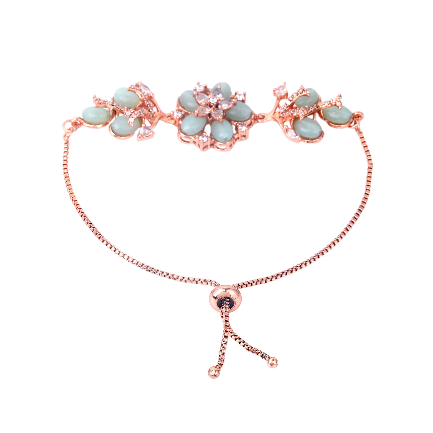 Estele Rosegold Plated Floral Designer Mint Green Beaded Flexible Charm Bracelet|A Classy Wrist Accessory for Modern Ladies