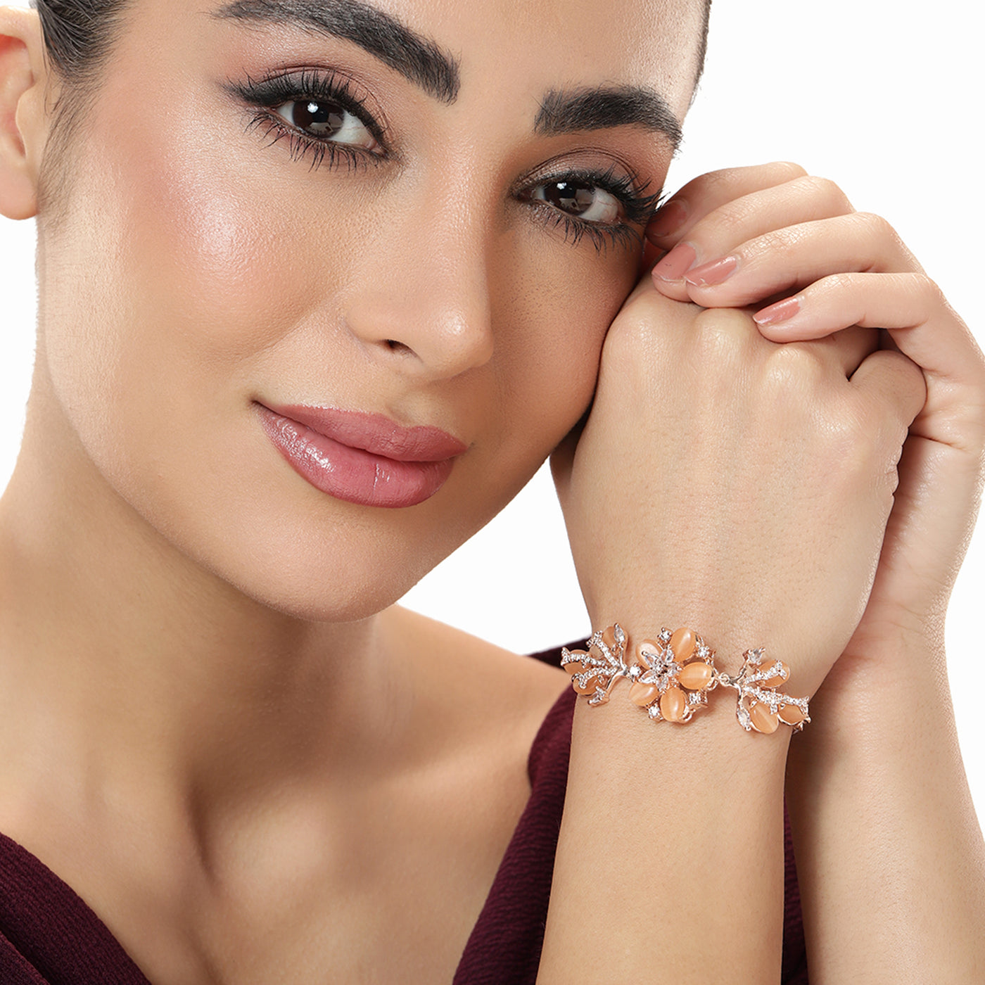 Estele Majestic Floral Charm Premium Rosegold Plated Adjustable Bracelet & Ring Combo with Elegant Mint Orange Beads A Perfect Fit for Every Wrist