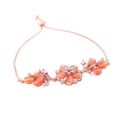 Estele Rosegold Plated Mint Orange Beads Accented Adjustable Floral Charm Bracelet|A Stylish Ornament for Trendy Women