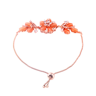 Estele Rosegold Plated Mint Orange Beads Accented Adjustable Floral Charm Bracelet|A Stylish Ornament for Trendy Women