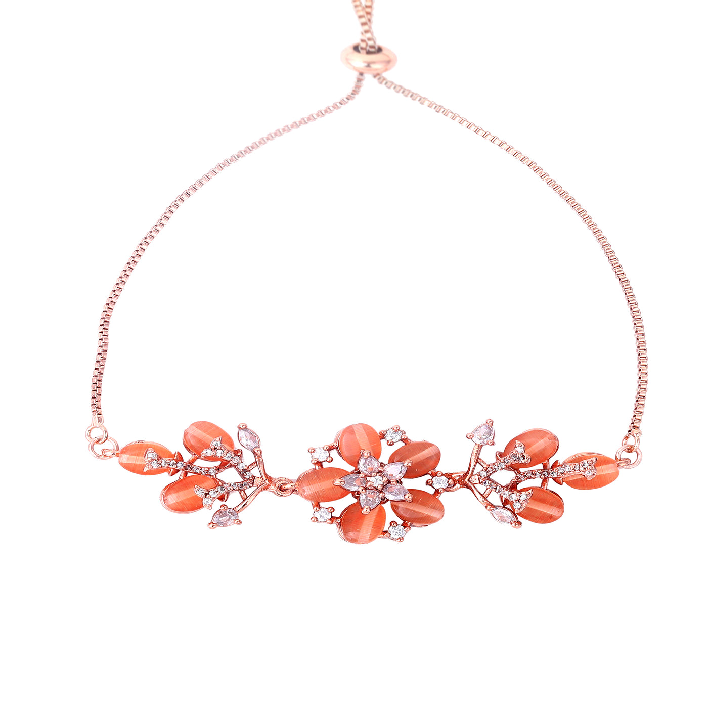 Estele Majestic Floral Charm Premium Rosegold Plated Adjustable Bracelet & Ring Combo with Elegant Mint Orange Beads A Perfect Fit for Every Wrist