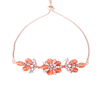 Estele Majestic Floral Charm Premium Rosegold Plated Adjustable Bracelet & Ring Combo with Elegant Mint Orange Beads A Perfect Fit for Every Wrist