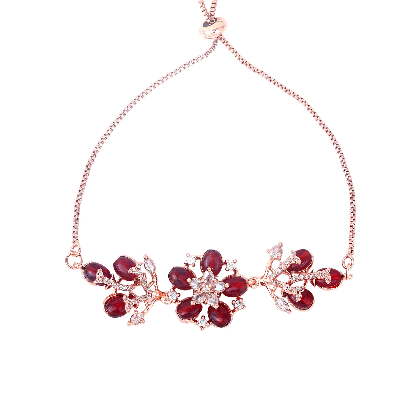 Estele Rosegold Plated Bloom-Adorned Ruby Beaded Adjustable Varya Bracelet|A Refined Accessory for Stylish Women