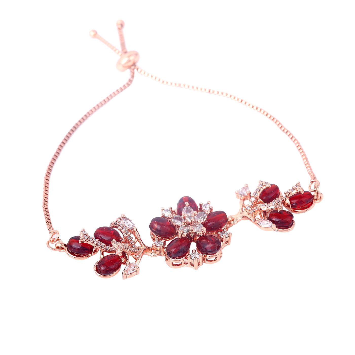 Estele Rosegold Plated Bloom-Adorned Ruby Beaded Adjustable Charm Bracelet|A Refined Accessory for Stylish Women