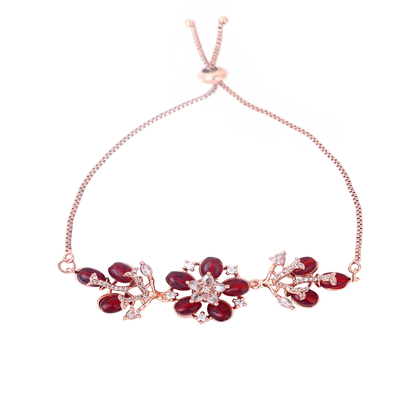 Estele Rosegold Plated Bloom-Adorned Ruby Beaded Adjustable Varya Bracelet|A Refined Accessory for Stylish Women