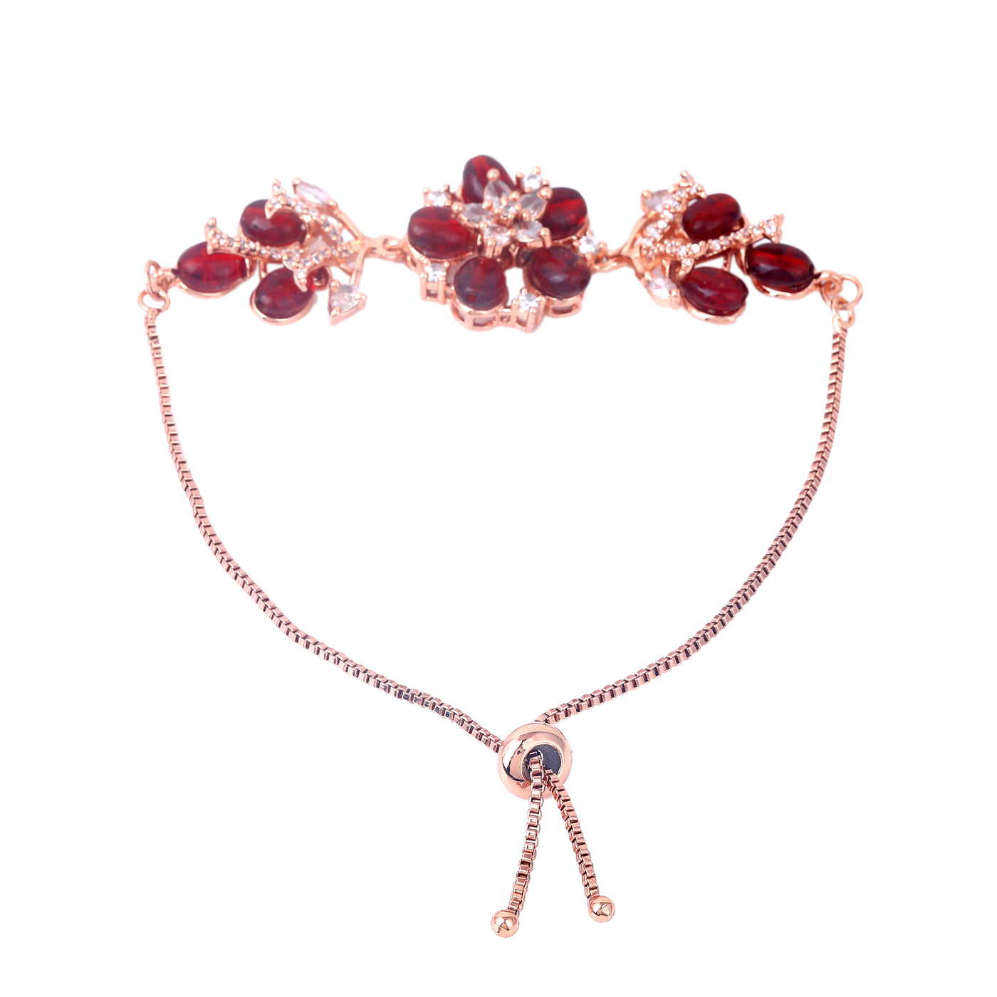 Estele Rosegold Plated Bloom-Adorned Ruby Beaded Adjustable Varya Bracelet|A Refined Accessory for Stylish Women